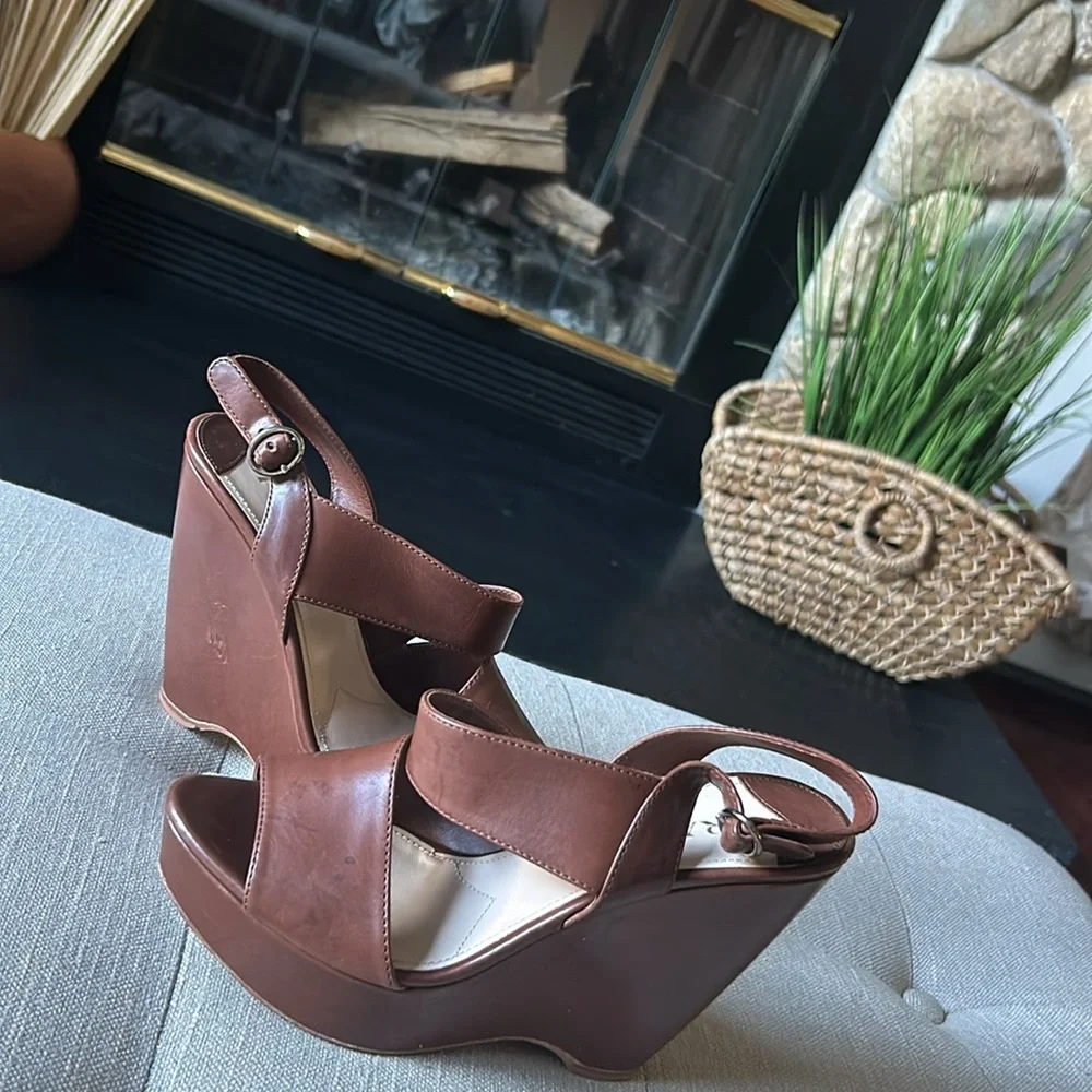 Prada Asymmetric Calfskin Wedge Sandal, Brown